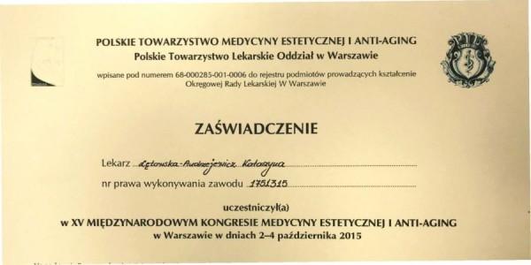 XV kongres medycyny estetycznej 2015 zaswiadczenie