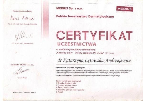 certyfikat Polskiego Towarzystwa Dermatologicznego