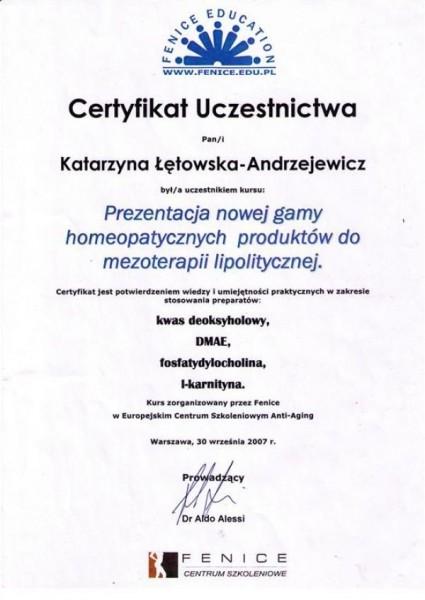 certyfikat uczestnictwa w prezentacji nowej gamy homeopatycznych produktów do mezoterapii lipolitycznej