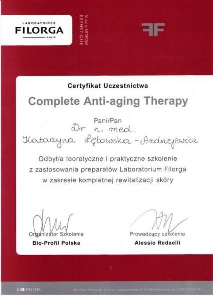 certyfikat uczestnictwa complete anti-aging therapy